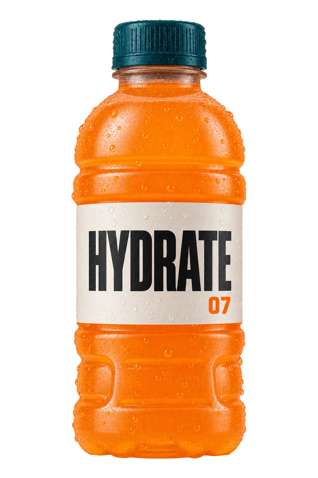 An orange sports drink labelled HYDRATE 07
