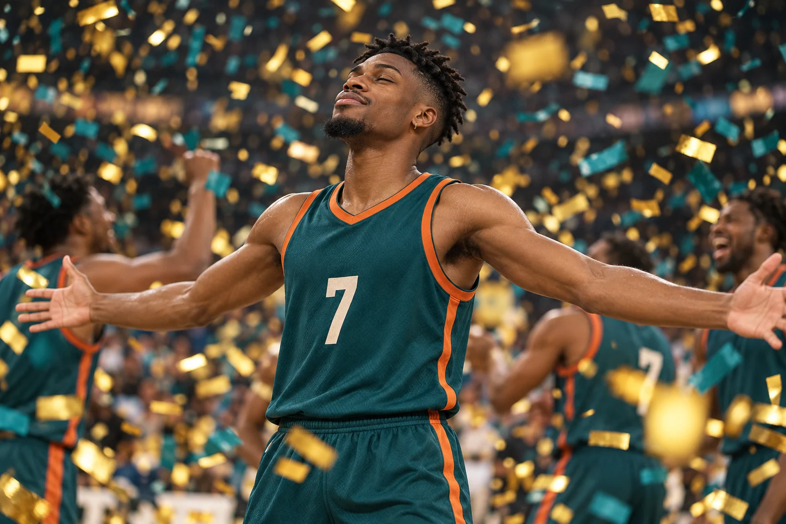 Kai with his arms wide in a storm of gold and teal confetti