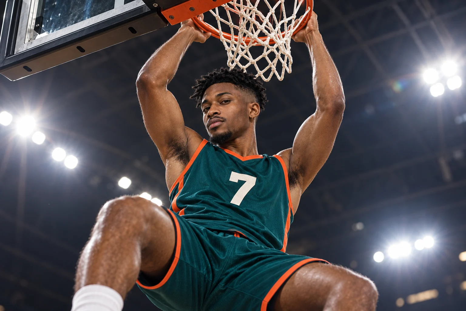 Kai hanging from the rim after a dunk