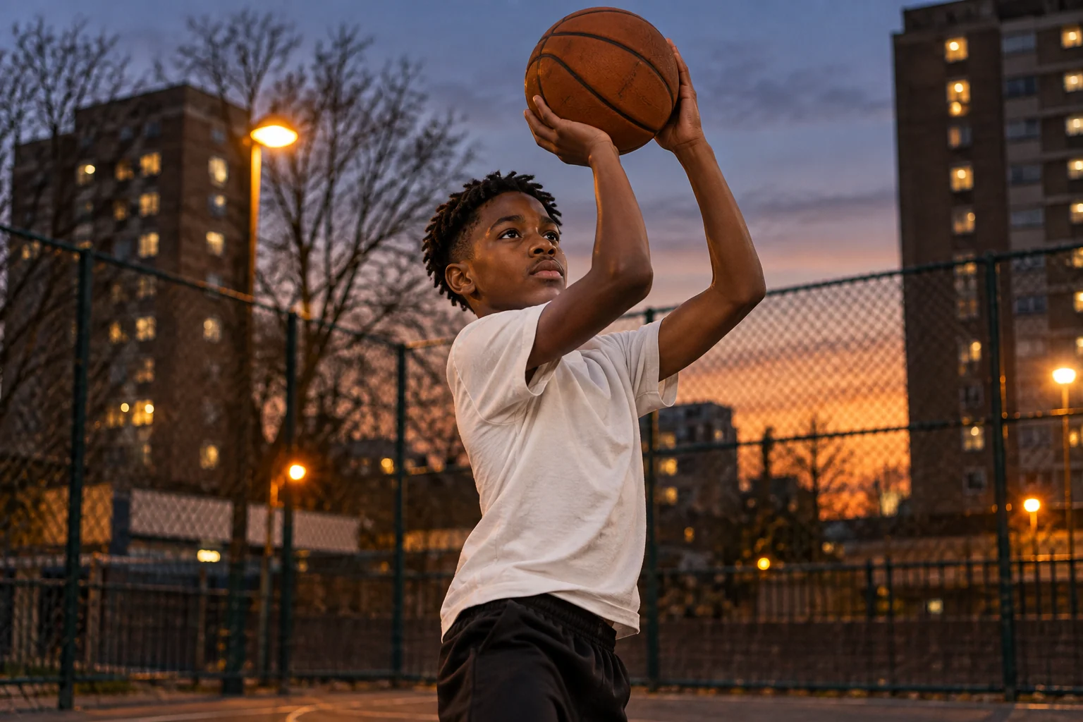 Kai at twelve, shooting on a cage court at dusk