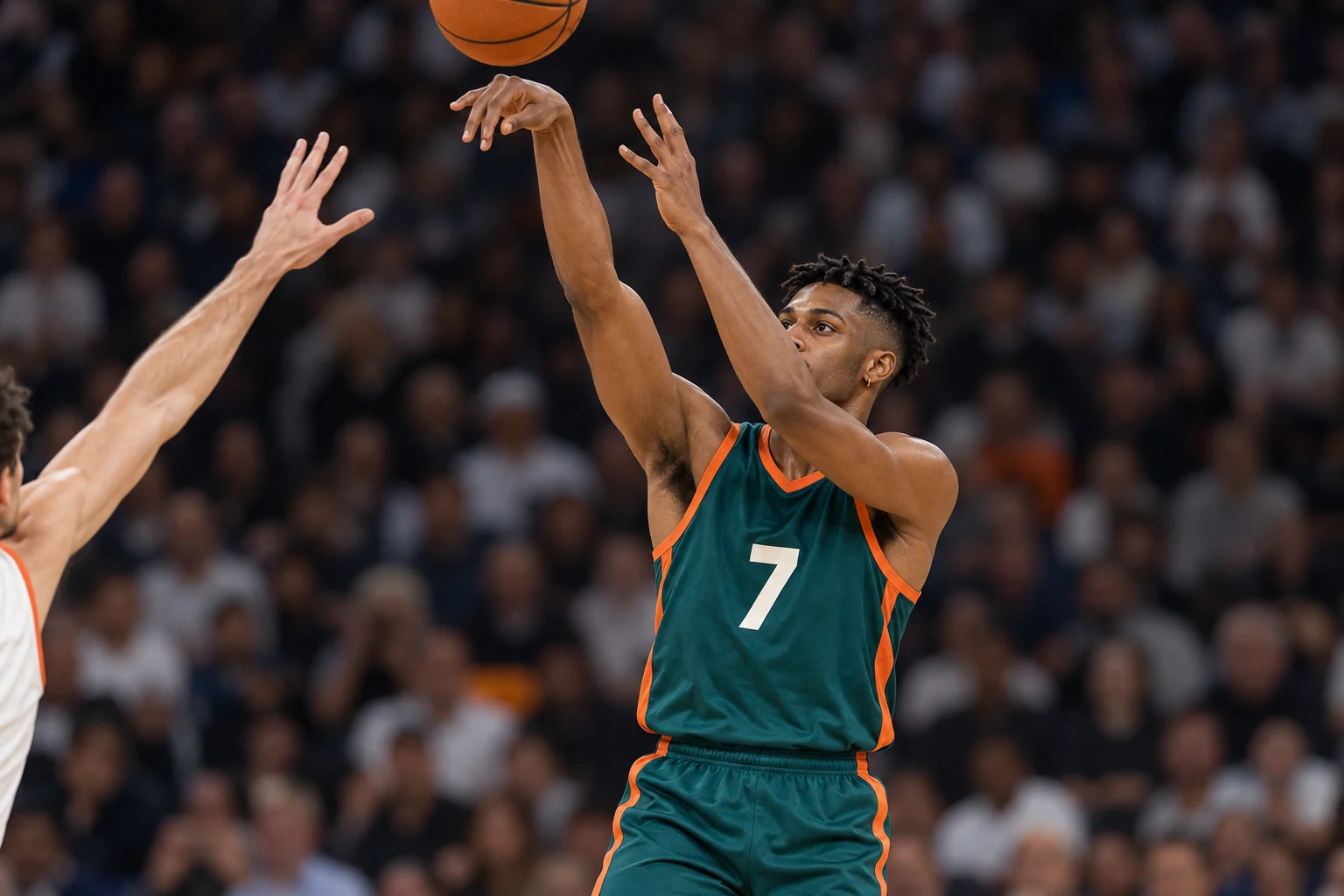Kai at the top of a jump shot, a defender reaching in