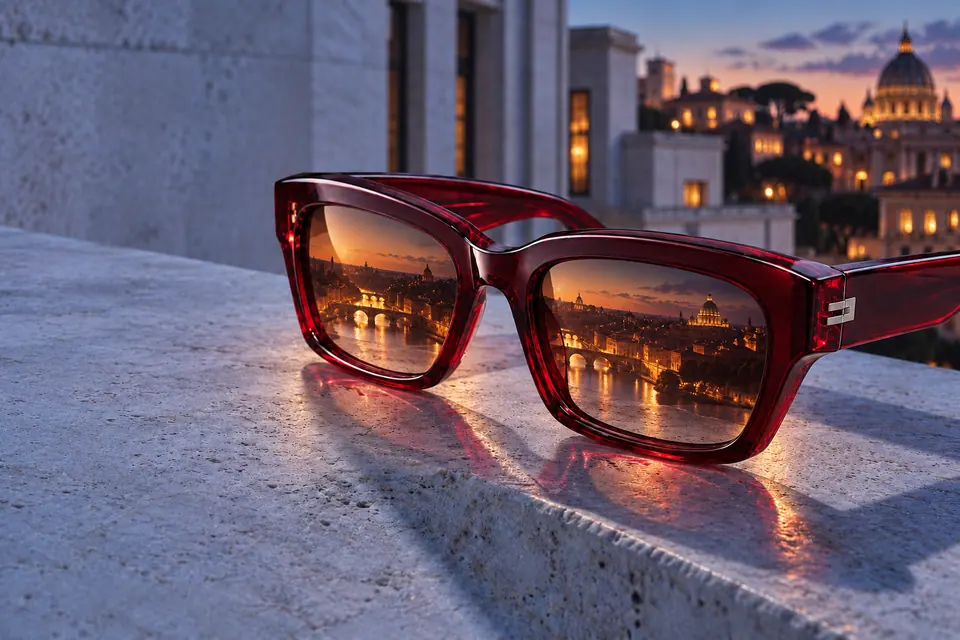The same ledge at blue hour: the sunglasses where they were left, amber city light in the lenses.