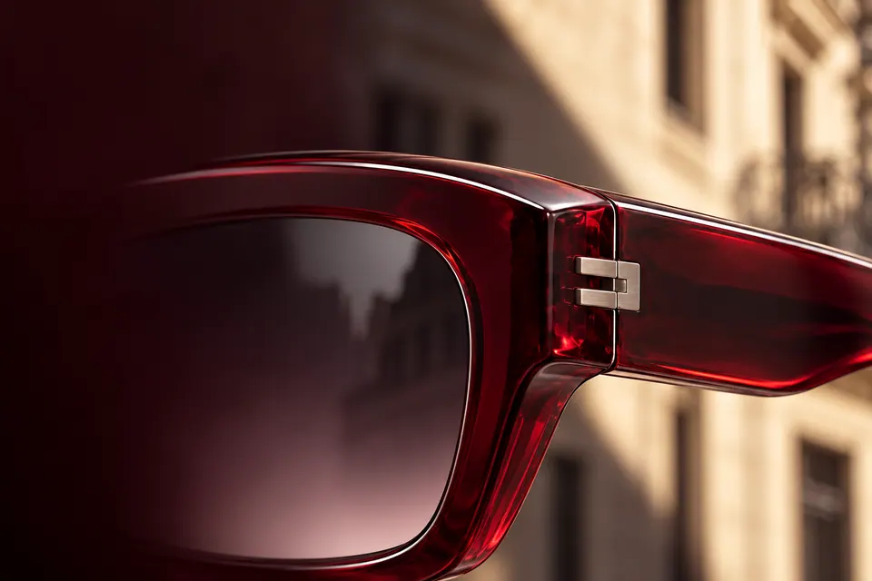 Close up of the frame: translucent oxblood acetate, a dark-to-plum gradient lens and a small silver hinge where the temple meets the front.