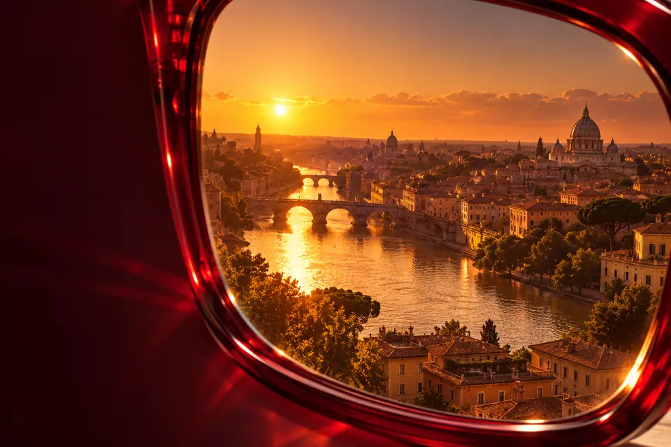 The view through the right lens: a river city at golden hour, framed by the red edge of the frame.