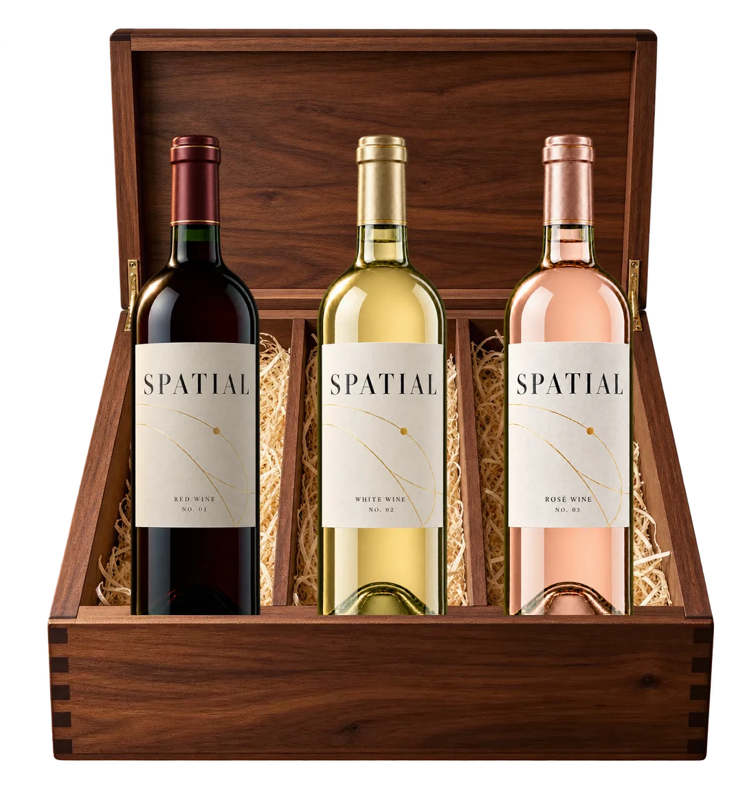 The walnut casket holding all three SPATIAL wines: red, white and rosé.