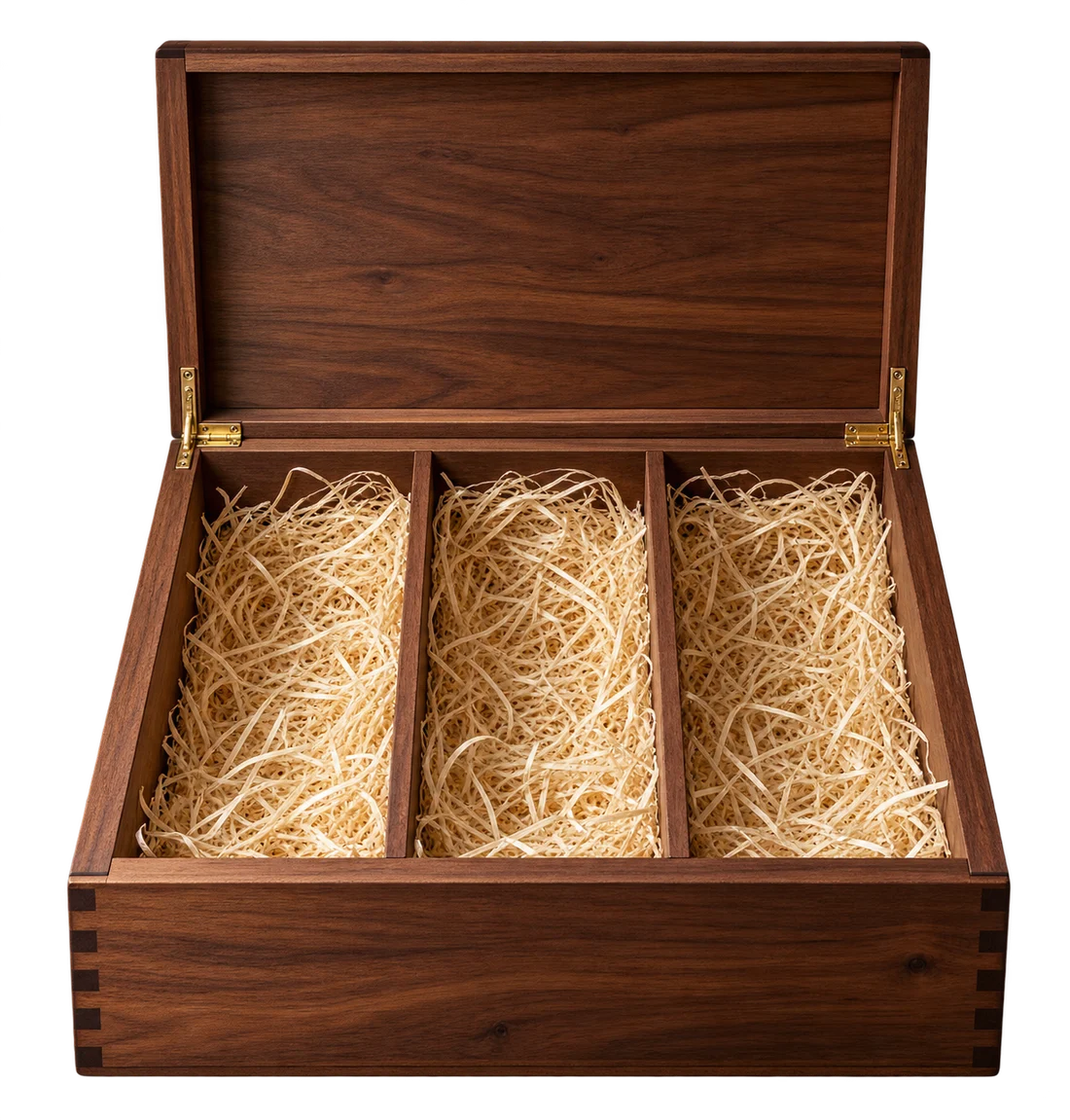 An open walnut casket with three straw-lined compartments.