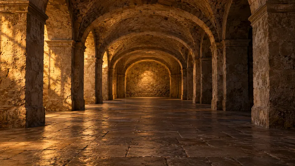 A vaulted stone cellar lit gold from the far end.