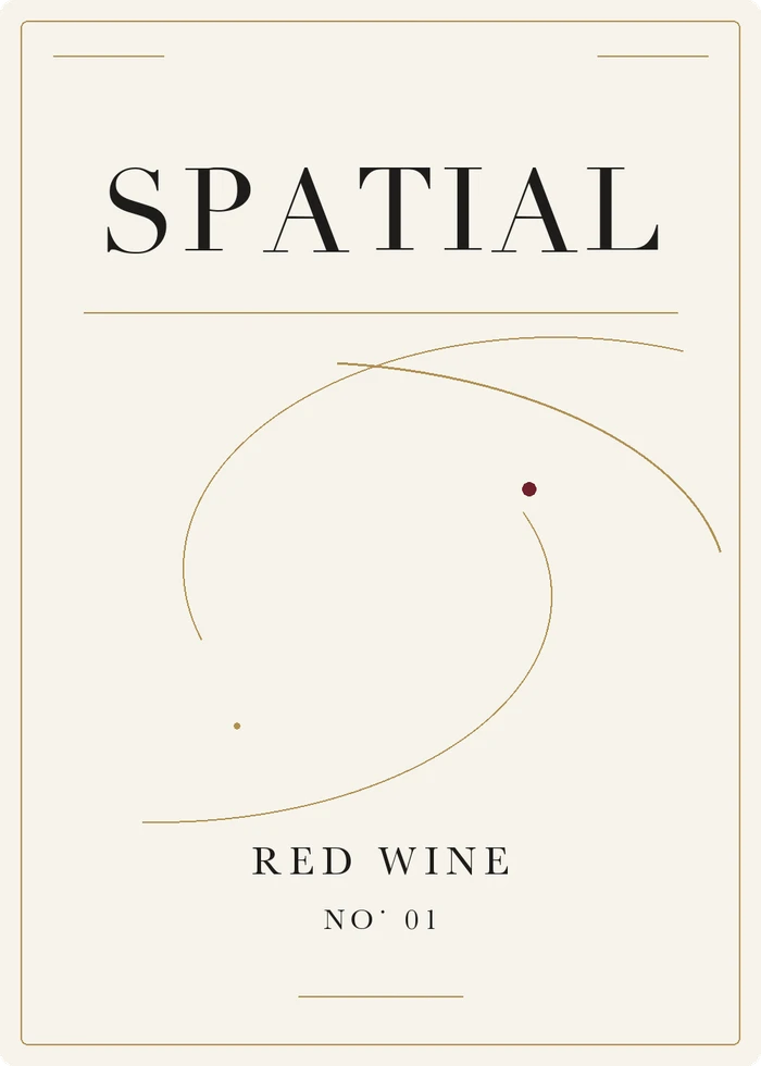 Front label: SPATIAL, red wine, No. 01, with fine gold orbital lines on ivory paper.