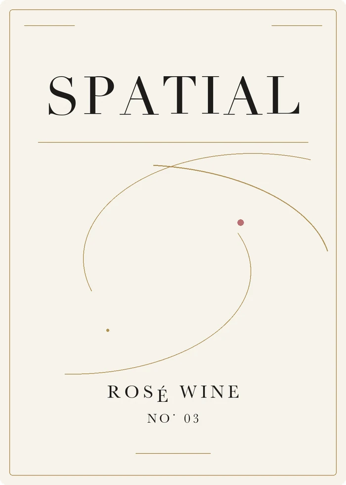Front label: SPATIAL, rosé wine, No. 03, with fine gold orbital lines on ivory paper.