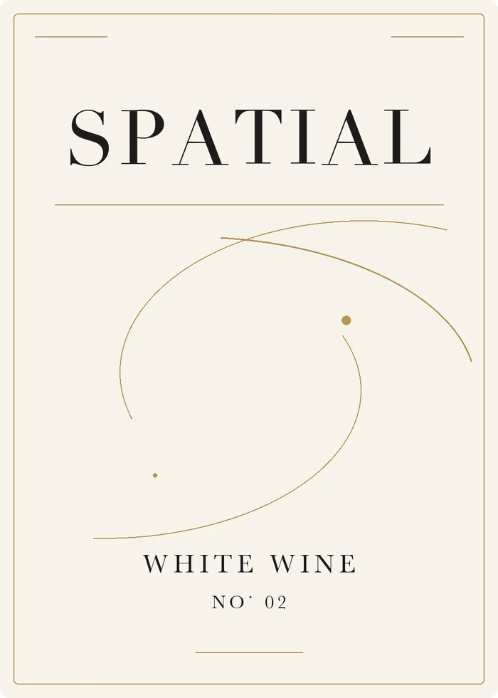 Front label: SPATIAL, white wine, No. 02, with fine gold orbital lines on ivory paper.